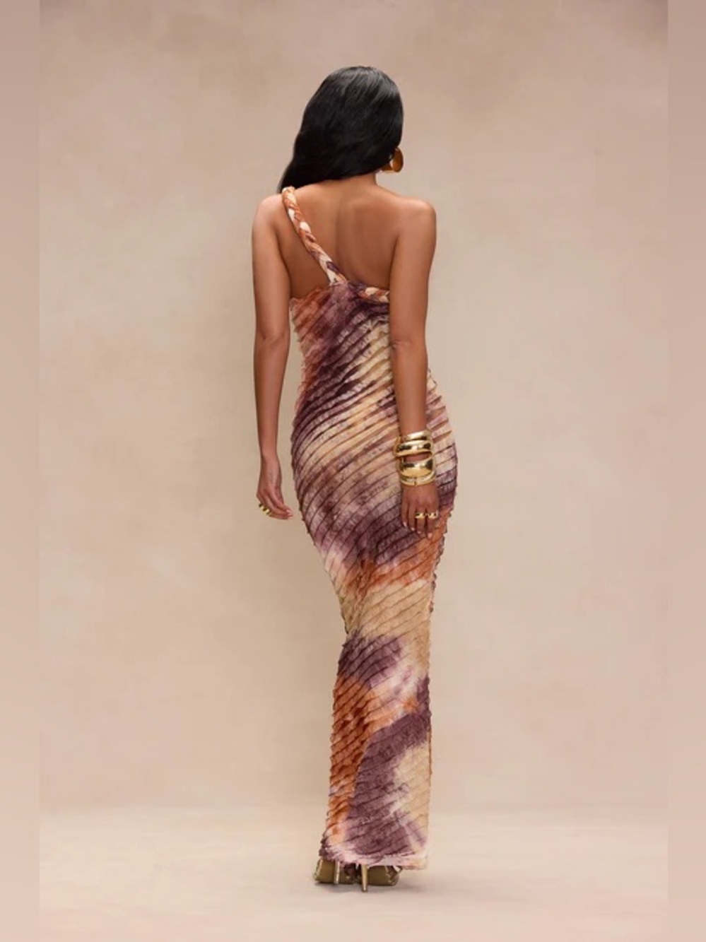 Fashion Nova One-Shoulder Tie-Dye Ribbed Maxi Dress in Brown and Cream - Picture 6 of 9